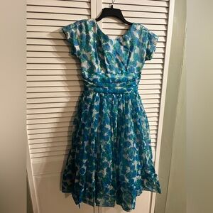 Vintage Jr. Theme A Line Floral Blue and Green Dress